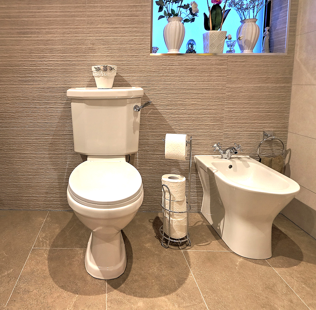 Close-coupled toilet and bidet in a tiled bathroom